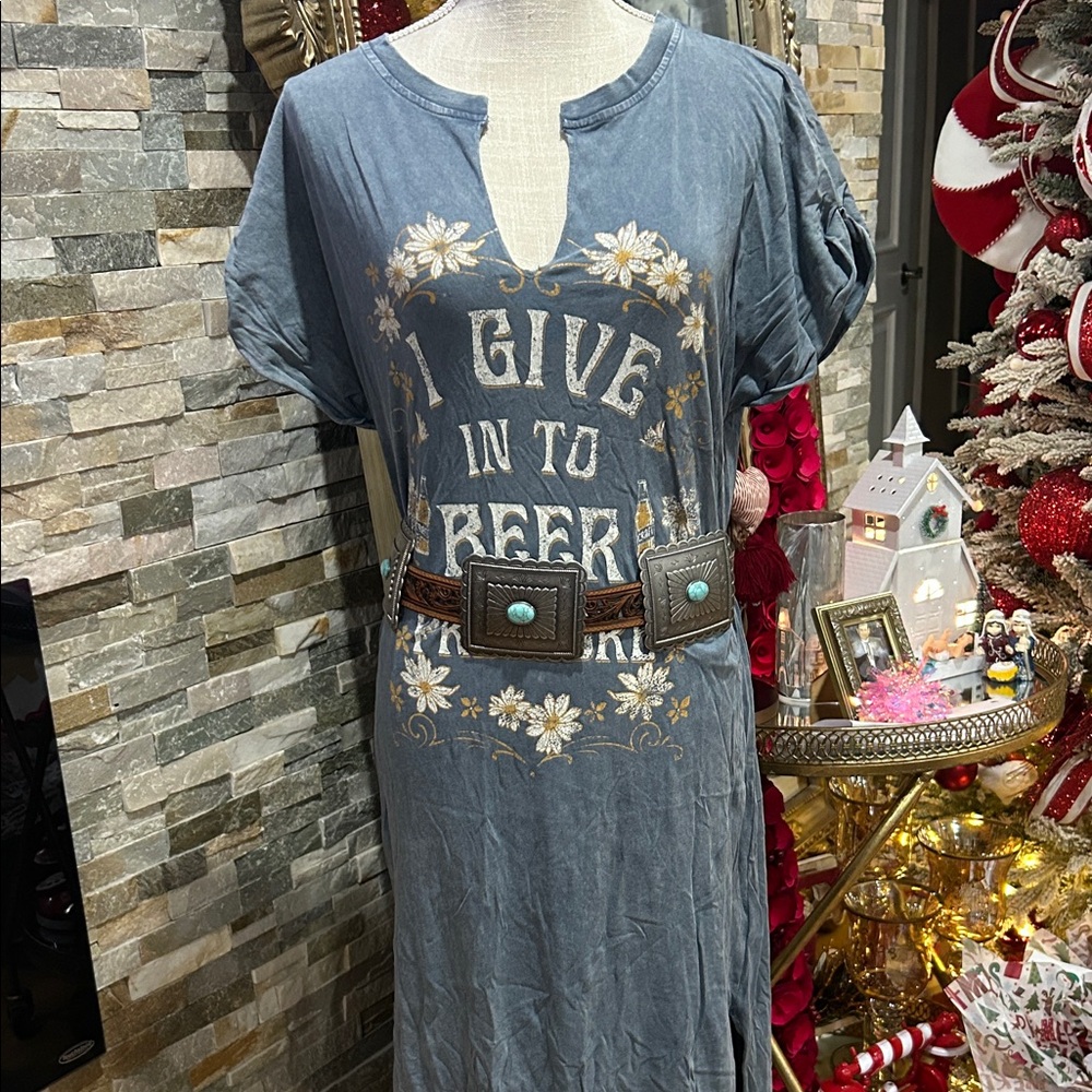 Casual Blue Graphic Dress with Floral Accents